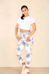 White Plus Size Italian Aboriginal Print Drawstring Cotton Joggers For Women 16 - Dropwear